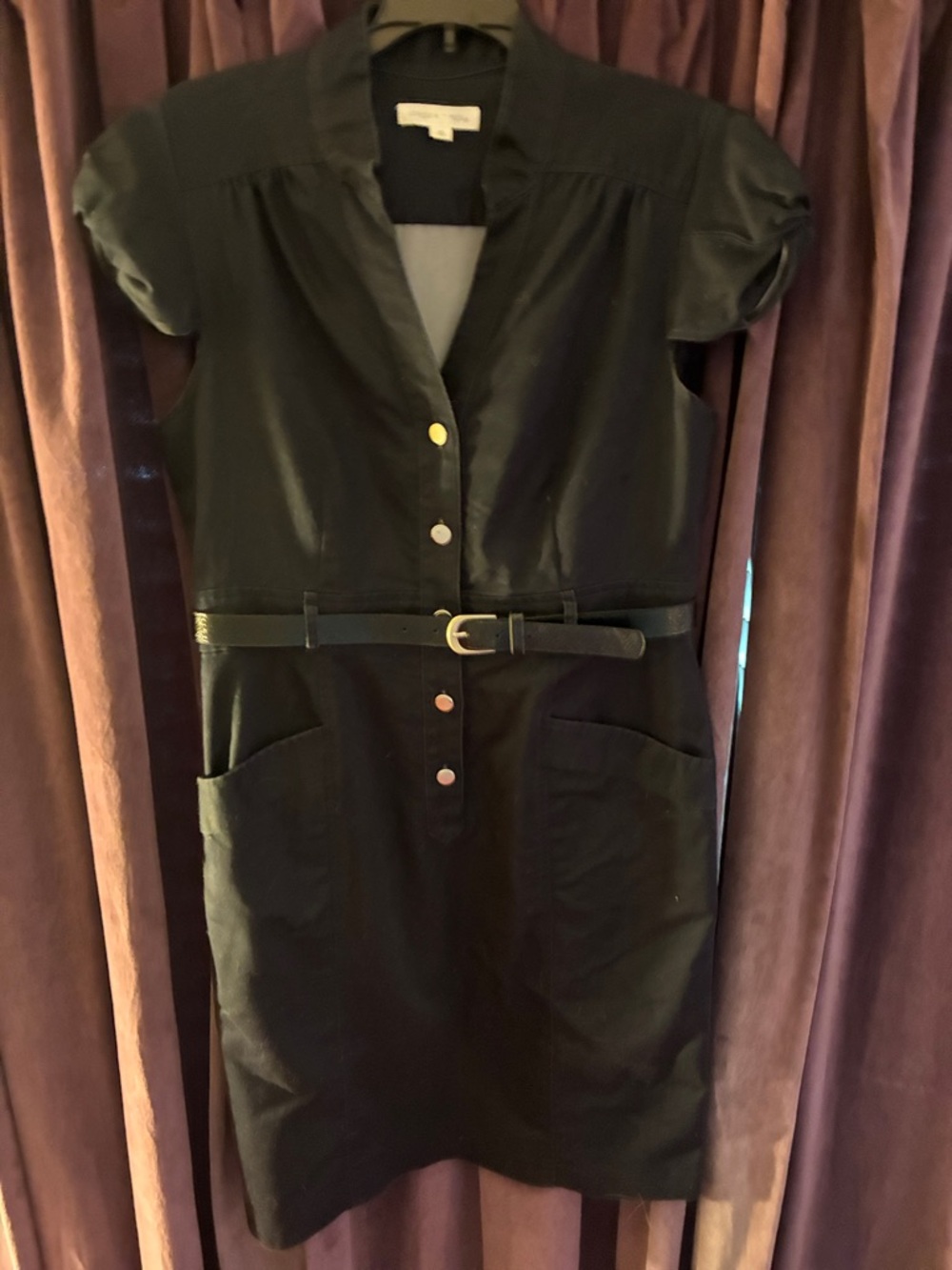 London Times NavyShort Sleeve Belted Shirt Dress